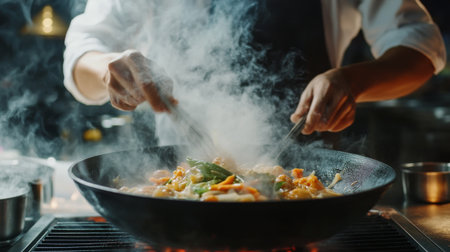 A chef preparing a traditional Thai tom yum soup over a smoky grill, infusing the broth with rich flavors and aromas.の素材