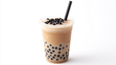 A clear plastic cup of bubble tea with a large straw, filled with creamy milk tea and black tapioca pearls, centered on a pristine white background.の素材