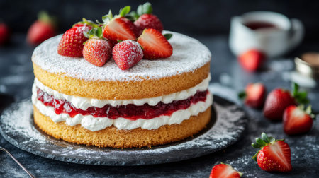 A classic Victoria sponge cake, layered with whipped cream and strawberry jam, dusted with powdered sugar and garnished with fresh strawberriesの素材