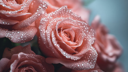 A close-up of a bouquet of pink roses with dew drops, highlighting their delicate petals and vibrant color against a clean, neutral background.の素材