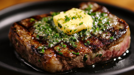 A close-up of a mouthwatering steak topped with garlic herb butter melting over the sizzling surface, served on a sleek black plate.の素材