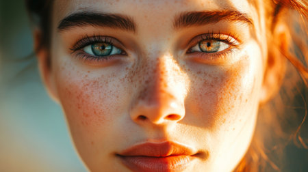 A close-up of a woman with expressive eyes and a slight smile, with natural sunlight creating a warm glow on her face.の素材