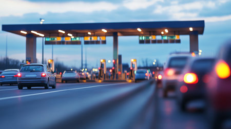 A close-up of a toll booth on an expressway, with cars lined up to pay, showcasing the functionality and everyday aspects of highway travel.の素材