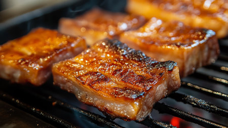 A close-up of juicy pork belly slices grilling on a hot barbecue grill, the fat rendering and the meat developing a mouthwatering char.の素材