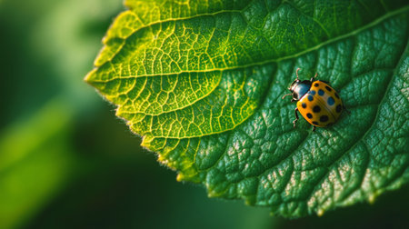 A close-up of a vibrant green leaf with a tiny, colorful ladybug crawling across its surface, showcasing the delicate details of both the insect and the leafの素材