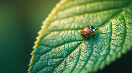 A close-up of a vibrant green leaf with a tiny, colorful ladybug crawling across its surface, showcasing the delicate details of both the insect and the leafの素材