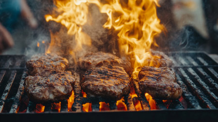 A close-up of sizzling meat on a grill, with flames licking the surface, capturing the essence of outdoor cooking and barbecue.の素材