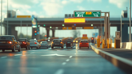 A close-up of an expressway toll booth with cars lined up to pay, capturing the everyday aspects of highway travel and toll collection.の素材