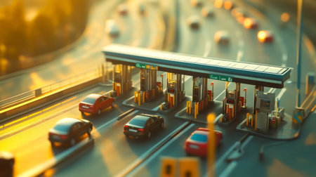 A close-up of an expressway toll booth with cars lined up to pay, capturing the everyday aspects of highway travel and toll collection.の素材