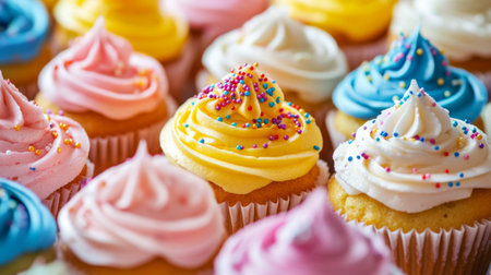 A colorful assortment of freshly baked cupcakes, topped with buttercream frosting and sprinkles, perfect for a birthday celebration.の素材