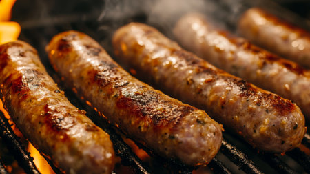 A close-up of pork sausages sizzling on a barbecue grill, the casings crisping up and the juices bubbling with flavor.の素材