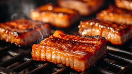 A close-up of juicy pork belly slices grilling on a hot barbecue grill, the fat rendering and the meat developing a mouthwatering char.の素材