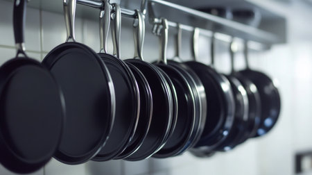 A collection of non-stick pans hanging from a kitchen rack, showcasing their various sizes and sleek finishes in an organized and stylish display.の素材