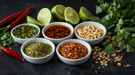 A collection of Thai condiments including fish sauce, chili flakes, and lime wedges, adding depth and flavor to traditional Thai dishes.の素材