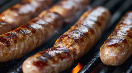A close-up of pork sausages sizzling on a barbecue grill, the casings crisping up and the juices bubbling with flavor.の素材