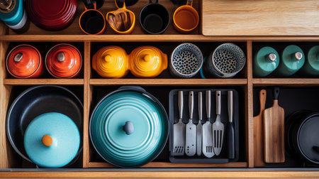 A collection of colorful pots, pans, and kitchen tools neatly organized in a drawer, showcasing a variety of cooking essentials for every culinary need.の素材