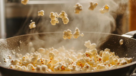 A close-up of popcorn kernels popping in a pan, with a few kernels already transformed into fluffy popcorn, highlighting the process of making this popular snack.の素材