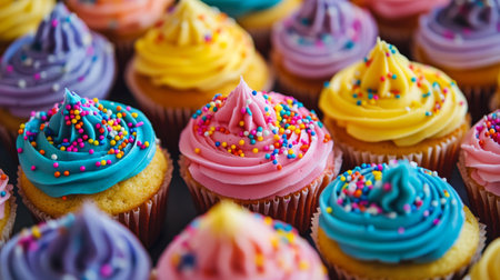 A colorful assortment of freshly baked cupcakes, topped with buttercream frosting and sprinkles, perfect for a birthday celebration.の素材