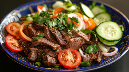 A colorful plate of Yam Nua, Thai spicy beef salad with thinly sliced grilled beef, onions, tomatoes, cucumbers, and a tangy lime dressing.の素材
