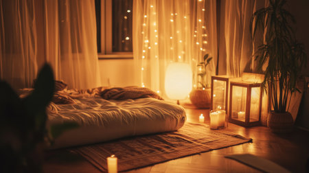 A cozy minimalist bedroom with a comfortable mattress on the floor, layered textiles, and soft lighting, creating a warm and inviting atmosphere.の素材
