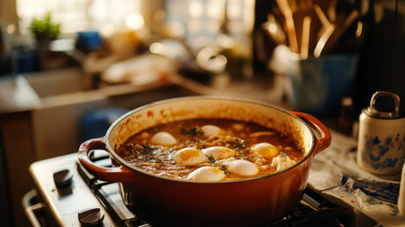 A cozy kitchen scene with a pot of bubbling fish stew on the stove, with poached eggs floating in the fragrant broth, ready for serving.の素材