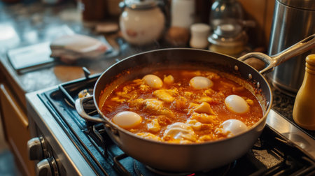 A cozy kitchen scene with a pot of bubbling fish stew on the stove, with poached eggs floating in the fragrant broth, ready for serving.の素材