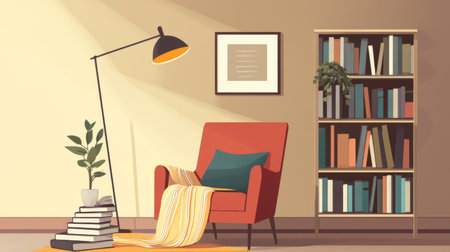 A cozy reading nook in a minimalist home, with a comfortable armchair, floor lamp, and a stack of books, perfect for relaxation and introspection.の素材