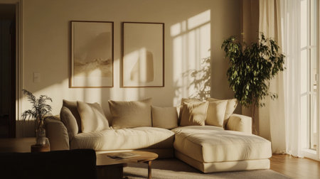 A cozy living room in minimalist style, with neutral tones, clean lines, and a plush sofa, inviting relaxation and tranquility.の素材