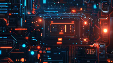 A detailed vector graphic of a technological circuit board, with intricate patterns and glowing elements, showcasing high-tech design and precision.の素材