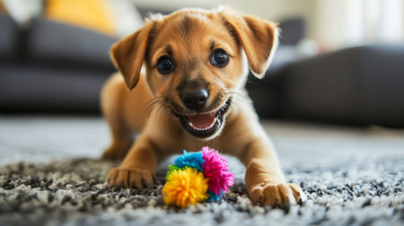 A cute puppy playing with a squeaky toy on a living room rug, its eyes full of excitement and its tail wagging furiously.の素材
