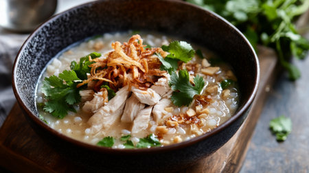 A delightful bowl of Khao Tom, Thai rice soup with tender chicken, ginger, garlic, and cilantro, served with crispy fried shallots on top.の素材