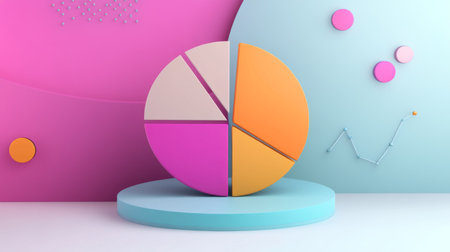 A creative pie chart design with animated segments and dynamic colors, set against a clean, modern background for visual impact.の素材
