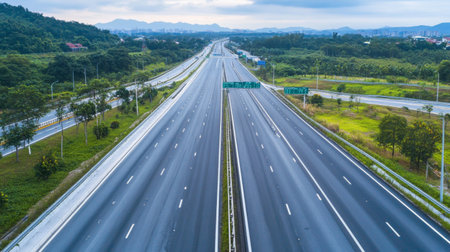 A drone view of an expressway with clear lane markings and road signs, flanked by green landscaping, illustrating well-maintained roadways.の素材