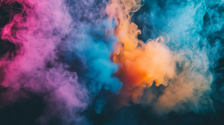 A dramatic burst of colorful smoke in shades of pink, blue, and yellow, swirling and blending together against a dark background.の素材