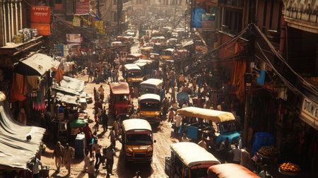 A crowded street in a bustling market area, with vehicles, tuk-tuks, and people navigating the narrow roads, capturing the chaos of urban life.の素材