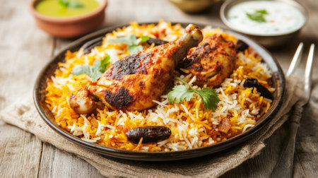 A delicious plate of chicken biryani, layered with fragrant basmati rice, tender marinated chicken, and aromatic spices, served with raita on the side.の素材
