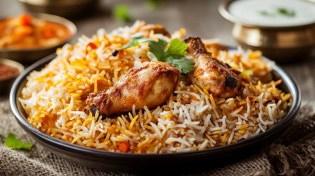 A delicious plate of chicken biryani, layered with fragrant basmati rice, tender marinated chicken, and aromatic spices, served with raita on the side.の素材