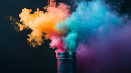 A dramatic display of colorful smoke emerging from a canister, with bright, bold colors spreading outwards and creating an abstract visual effect.の素材
