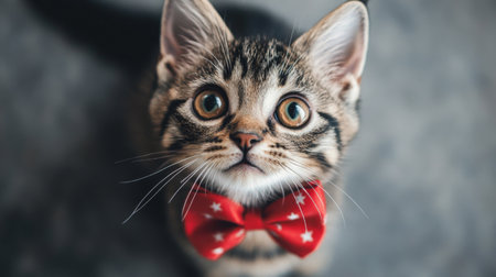 A cute cat wearing a tiny, festive bow tie, looking up at the camera with an endearing expression.の素材