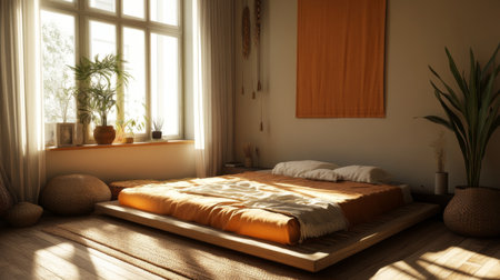 A cozy minimalist bedroom with a low-profile bed, layered textiles, and a warm color palette, creating a comfortable and inviting space for rest.の素材