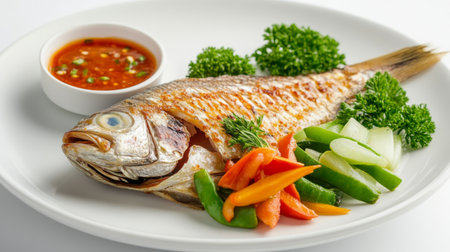 A dish of grilled fish with a colorful side of steamed vegetables and a small bowl of spicy sauce, displayed on a white background for a vibrant presentation.の素材