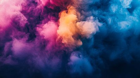 A dramatic burst of colorful smoke in shades of pink, blue, and yellow, swirling and blending together against a dark background.の素材