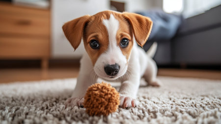 A cute puppy playing with a squeaky toy on a living room rug, its eyes full of excitement and its tail wagging furiously.の素材