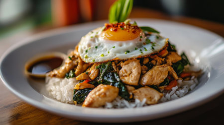 A classic plate of Pad Kra Pao, stir-fried Thai basil chicken served over steamed jasmine rice, with a fried egg on top and chili sauce on the side.の素材