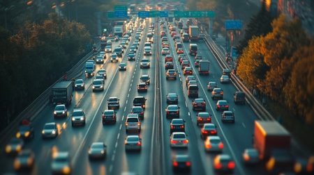 A busy expressway with multiple lanes of cars and trucks in motion, captured from a high vantage point, showing the flow of urban traffic.の素材