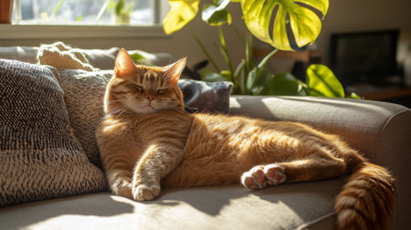 A chubby orange cat lounging on a cozy sofa, belly up, looking content and relaxed in a sunlit living roomの素材