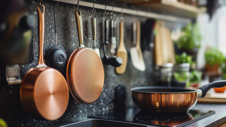 A close-up of a shiny copper pot, a non-stick frying pan, and various kitchen utensils hanging on a wall-mounted rack, adding flair to any kitchen.の素材