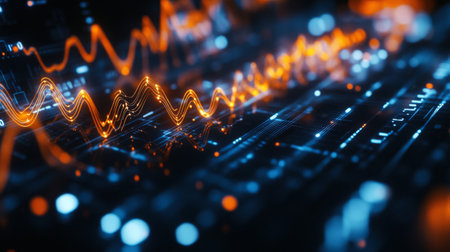 A close-up of an oscilloscope screen displaying fluctuating electrical waves, highlighting the intricate patterns and real-time data.の素材