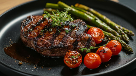 A close-up of a succulent steak served with grilled asparagus and cherry tomatoes, garnished with fresh herbs, on a sleek black plateの素材