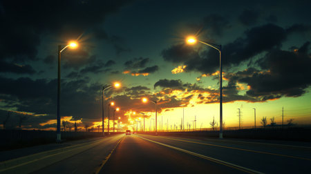 A dramatic perspective of streetlights along a highway at dusk, with their beams cutting through the darkening sky and illuminating the road ahead.の素材